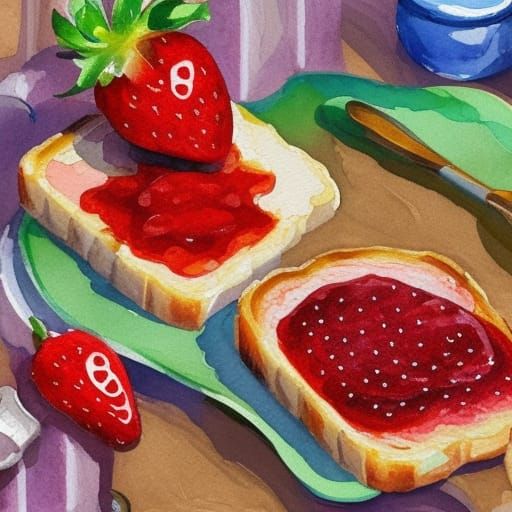 Strawberry Jam on Toast: Gouache Impressionist Painting