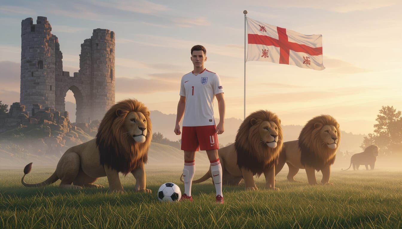 English Soccer Player with Lions on Misty Field