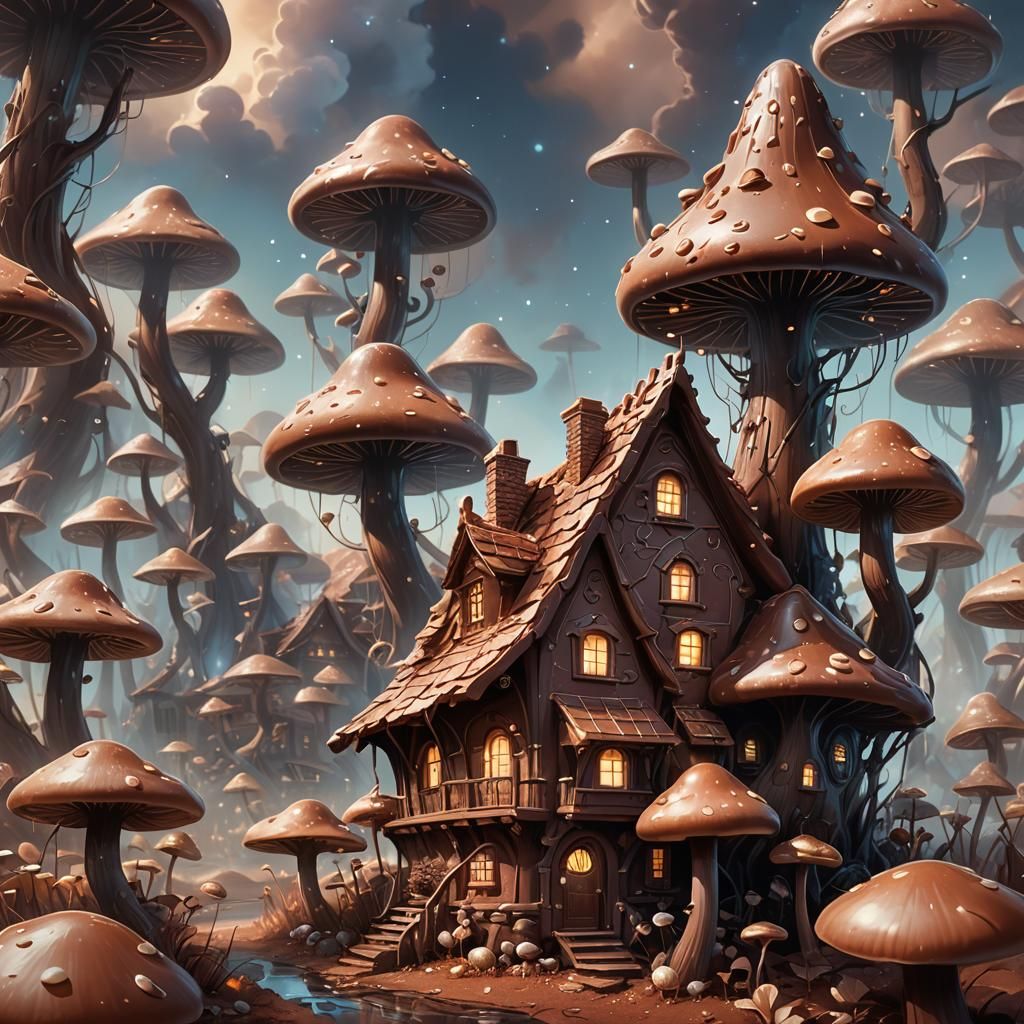 Enchanting Chocolate House with Luminous Clouds