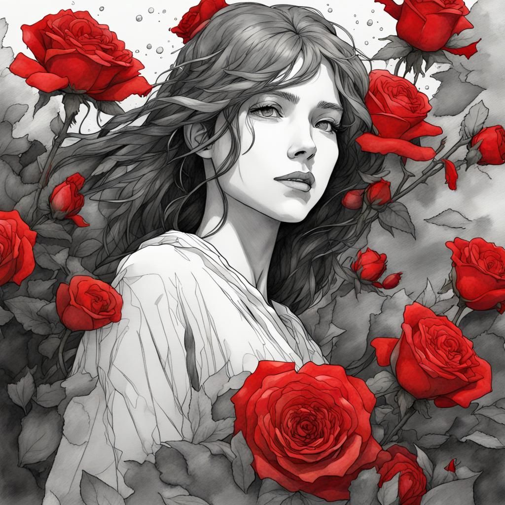 Monochrome Girl with Red Roses in Watercolor Style