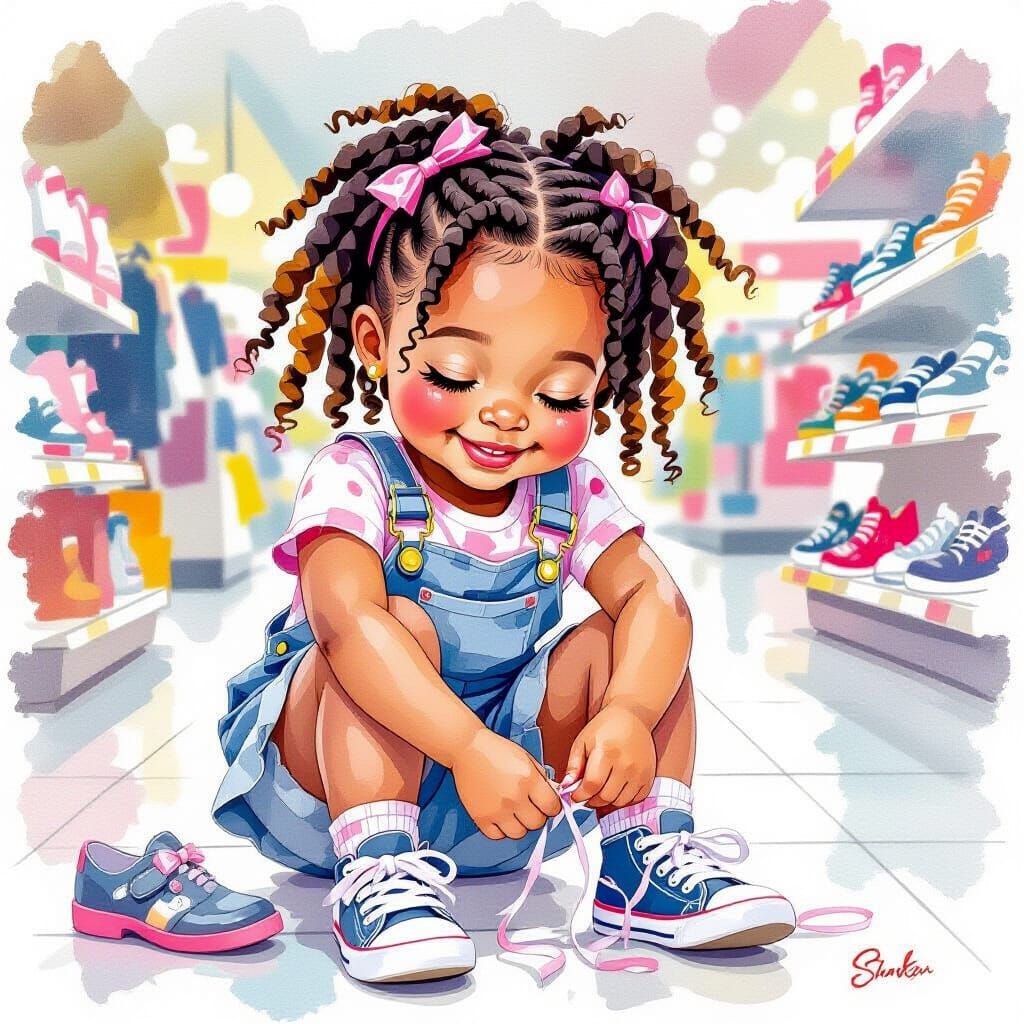 Girl Tying School Shoe Laces in Watercolor Style
