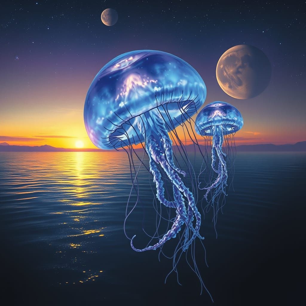 Bioluminescent Jellyfish Drifting Through Alien Twilight