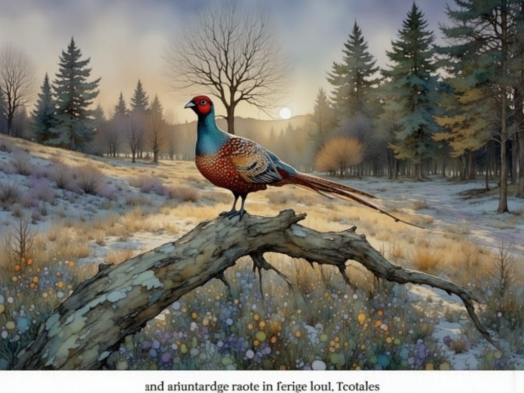 Pheasant on Frosty Branch in Watercolor Style