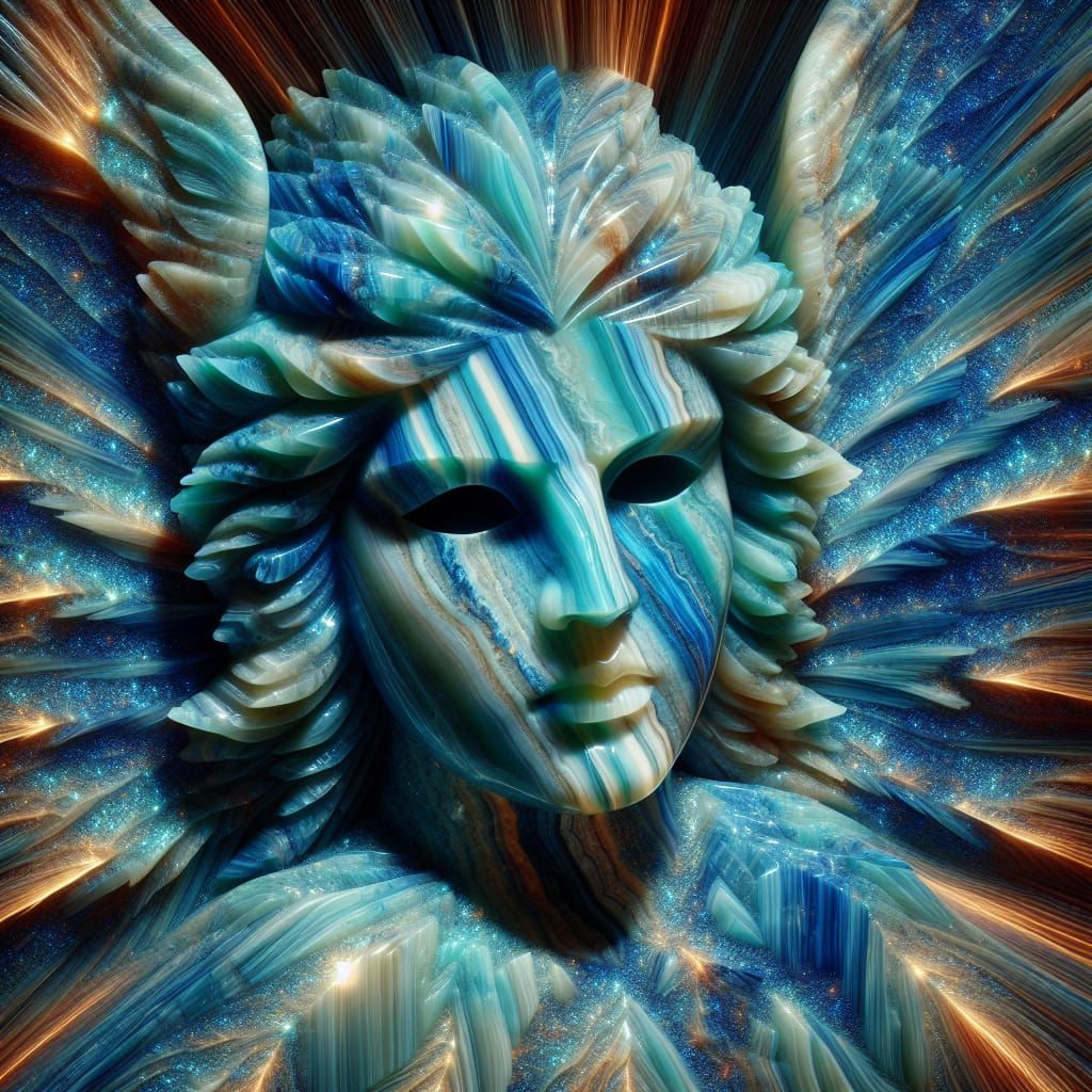 Aquamarine Angel Mask Carving in Digital Textile Art Style