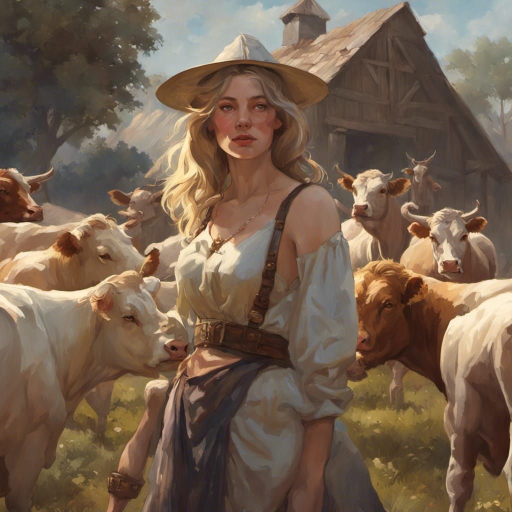 Medieval Farm Girl with Cows in Romantic Portrait