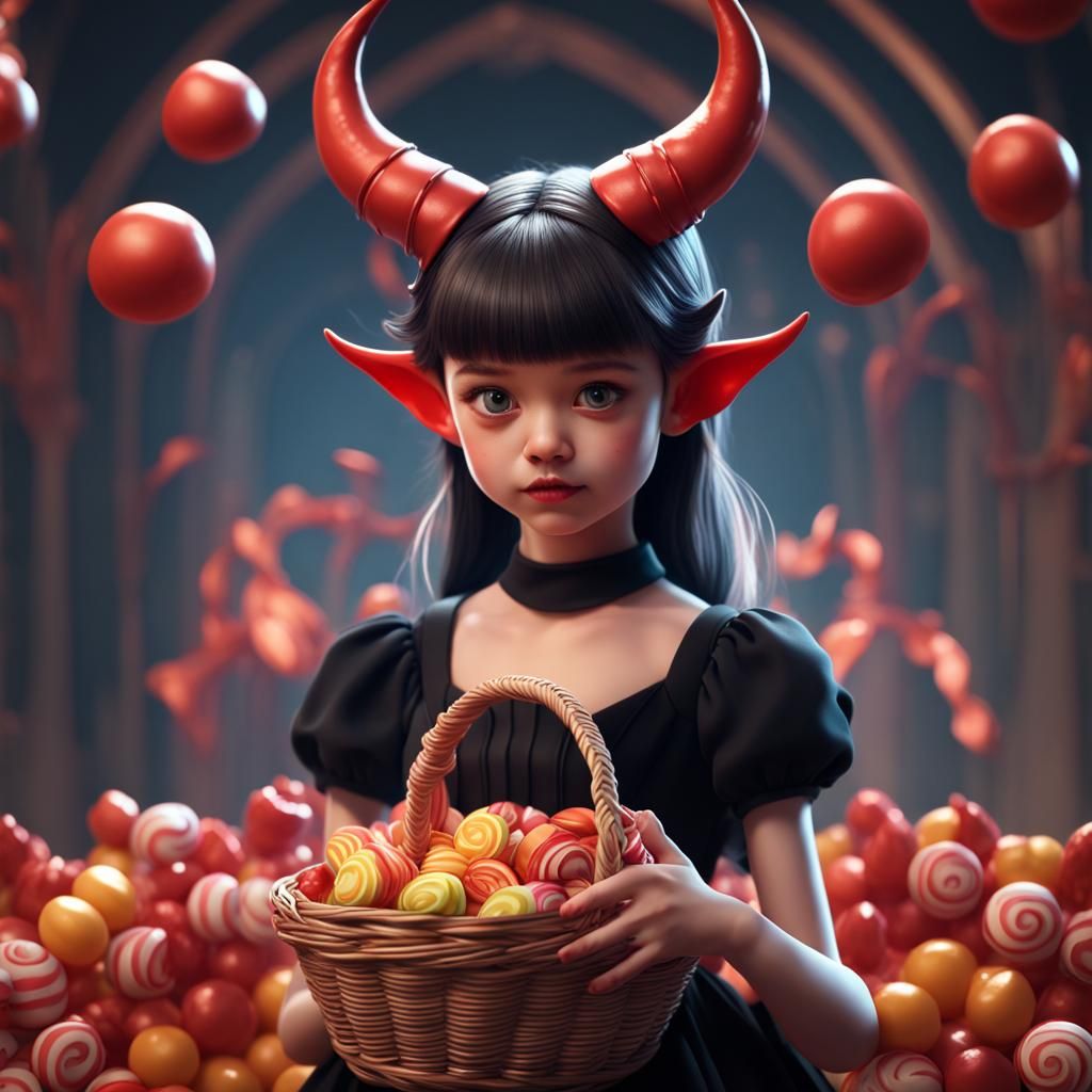 Girl in Devil Costume with Candy Basket
