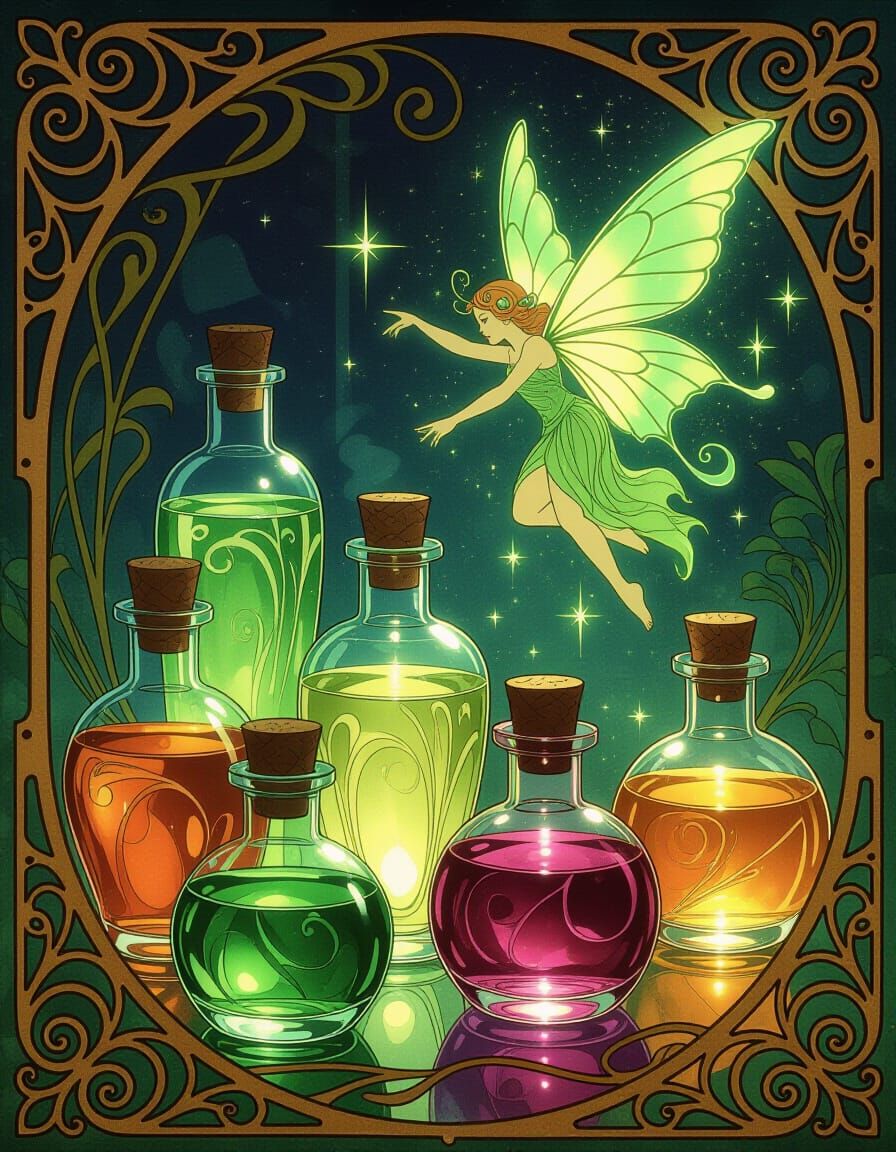 Magical Potions and Luminous Green Fairy in Art Nouveau Styl...