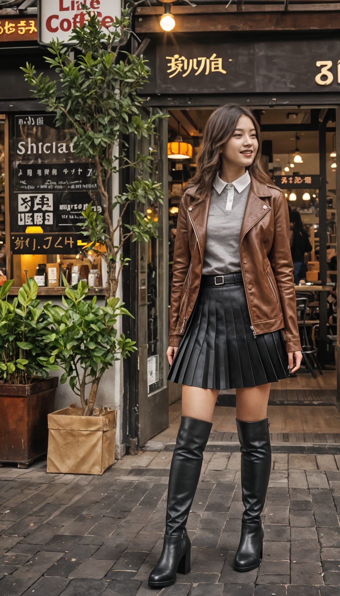 Chinese Woman in Fall Fashion at Coffee Shop