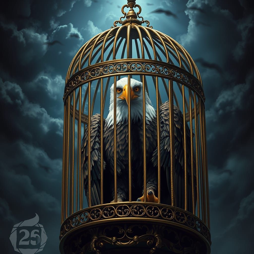 Majestic Eagle in Ornate Cage Against Storm Clouds