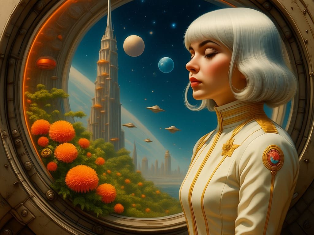 Woman's Cosmic Garden in Retrofuturistic Spaceship