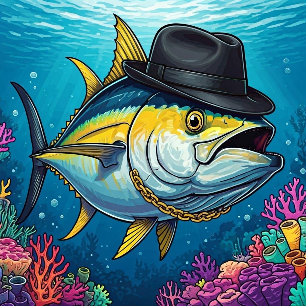 Surreal Yellowfin Tuna in a Vibrant Ocean Scene