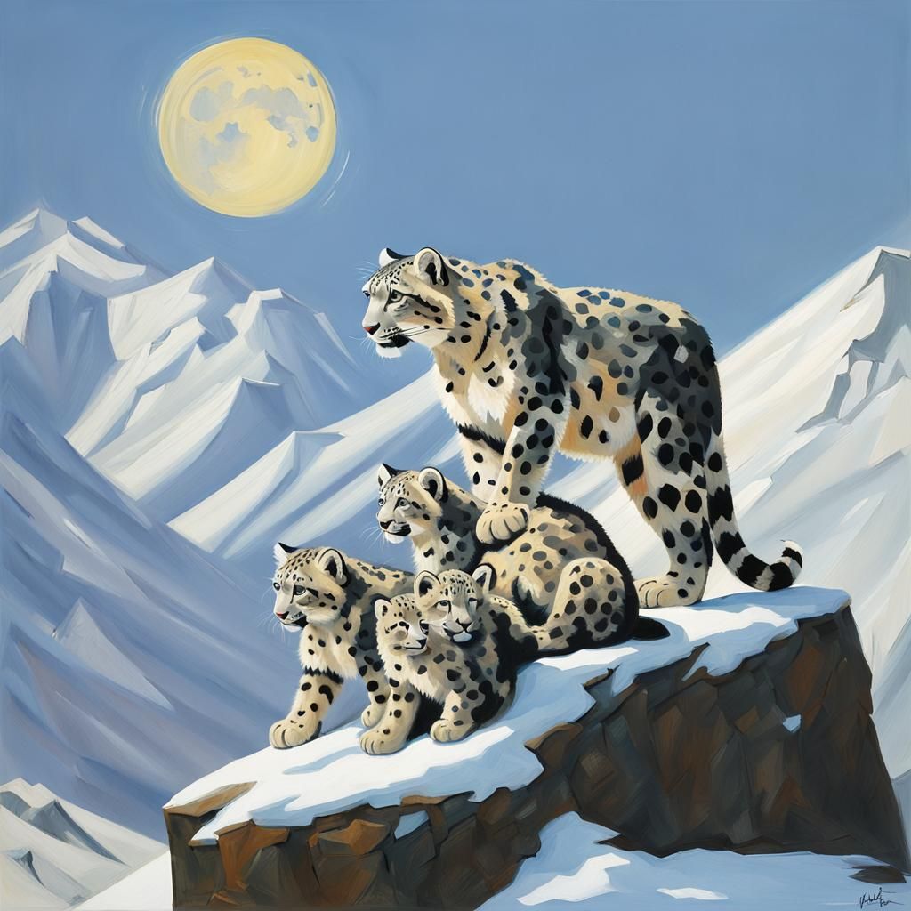 Snow Leopard Family in Expressionist Style