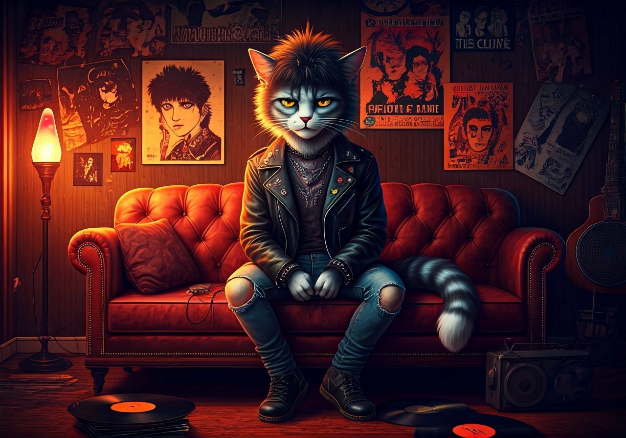 Gothic Cat on Velvet Couch in 80s Style