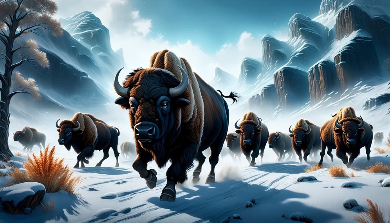 Buffalo Stampede Through Frosted Glass: Matte Painting