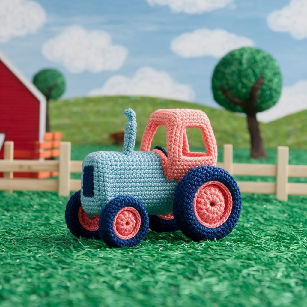 Iridescent Crochet Tractor in a Sunlit Farmland