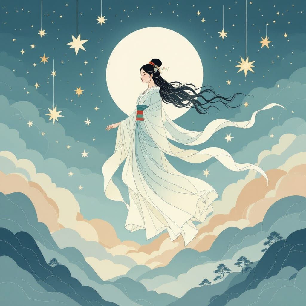 Ethereal Goddess of Paper Ribbons in Dreamlike Landscape