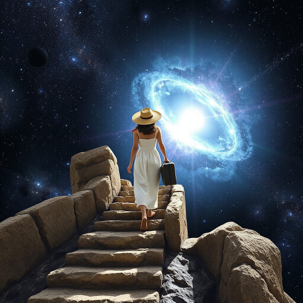 Woman Ascends Cosmic Staircase to Galactic Portal