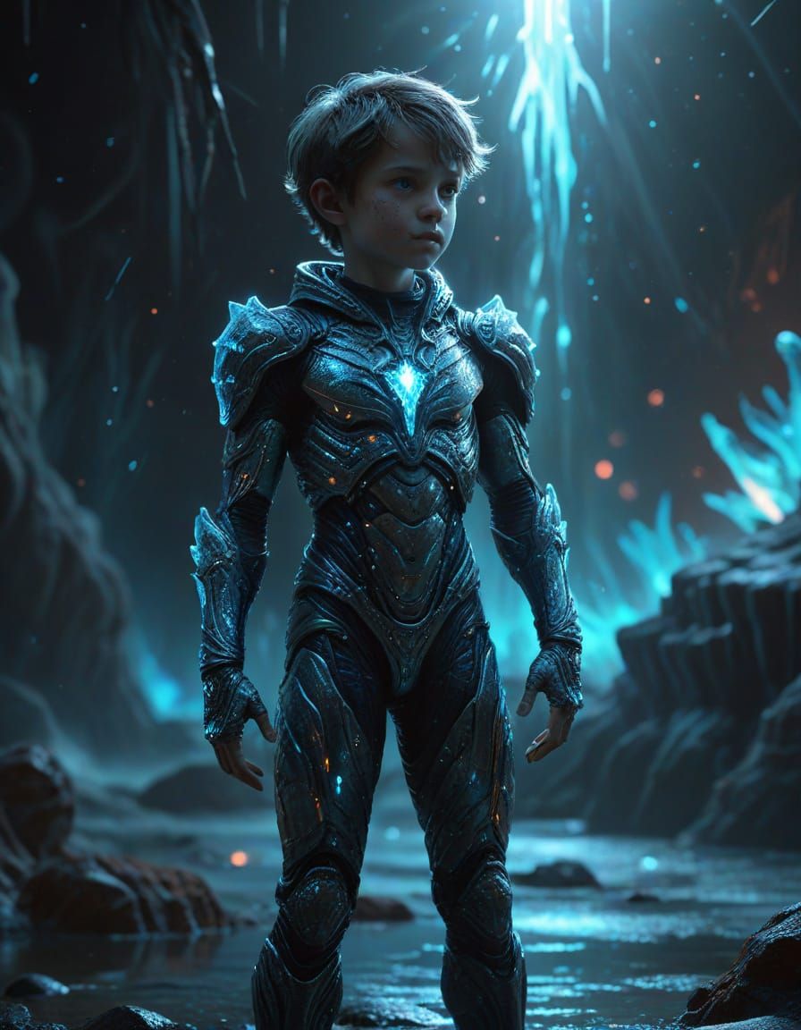 Cosmic Child in Ice Armor on Alien Planet