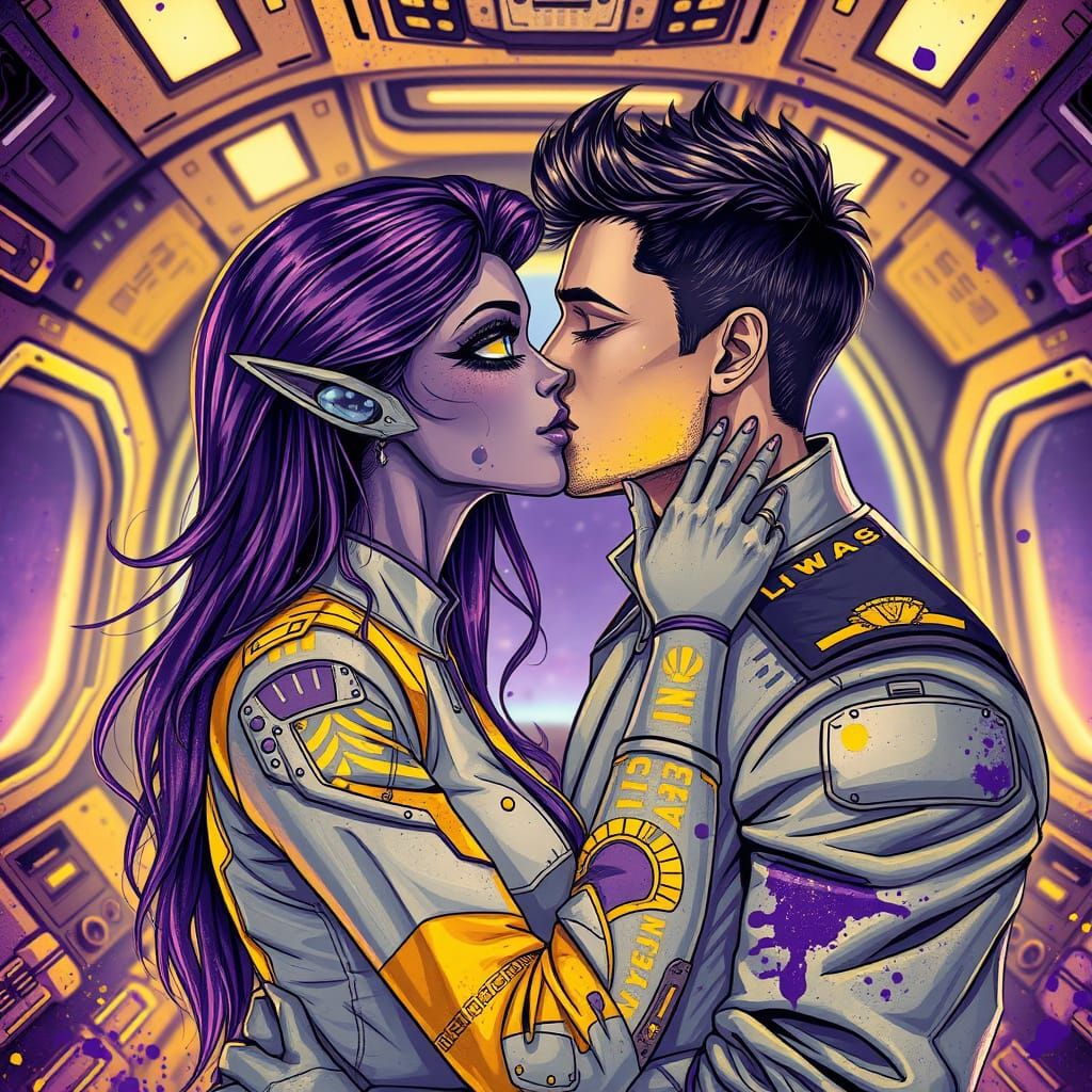 Captain Kisses Alien Wife in Futuristic Spaceship