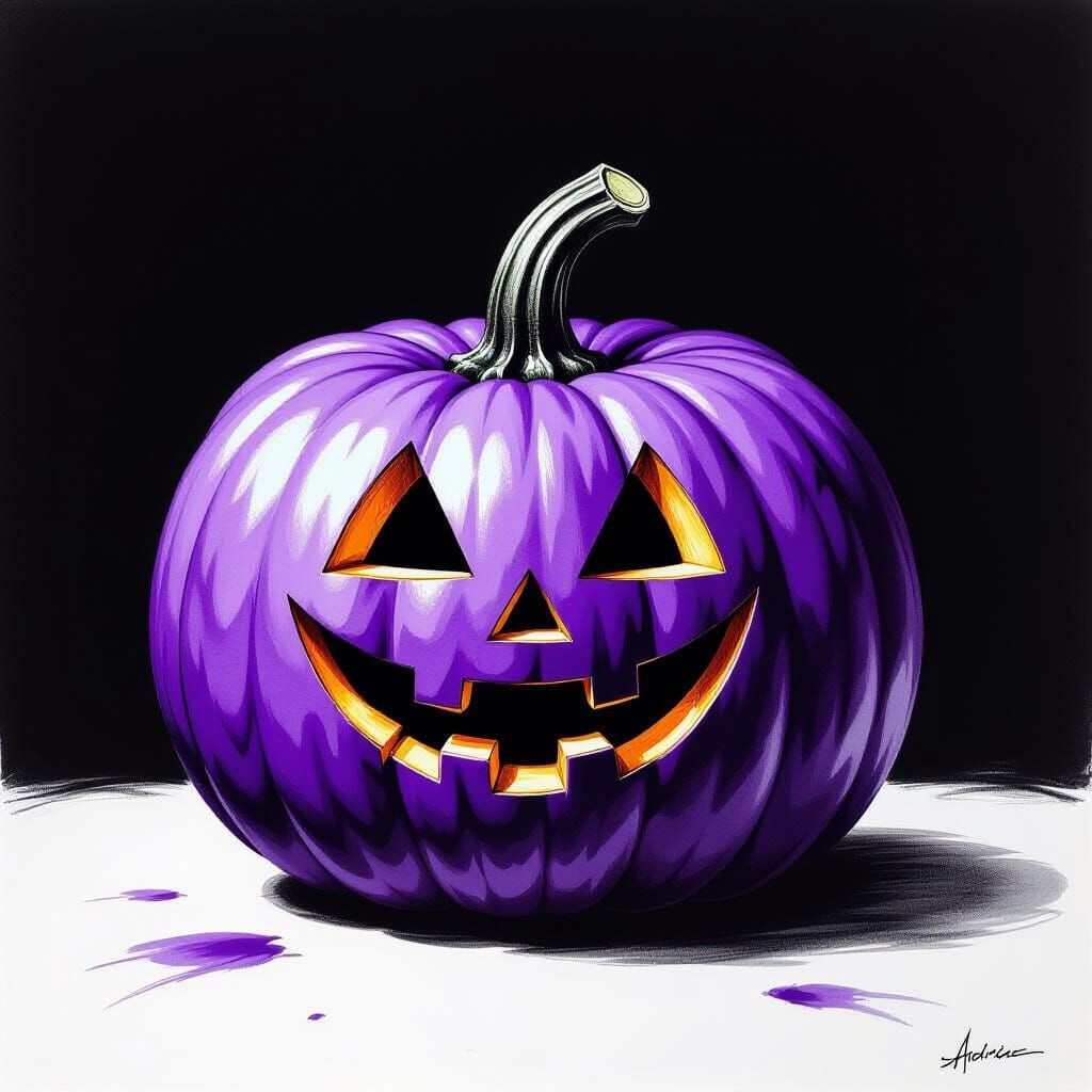 Cartoon Purple Pumpkin Charcoal Drawing on Black
