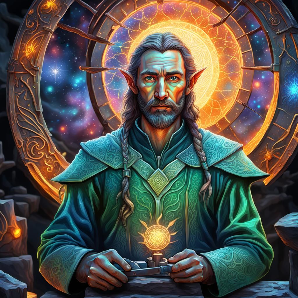 Elven Blacksmith at the Forge: Cosmic Illustration