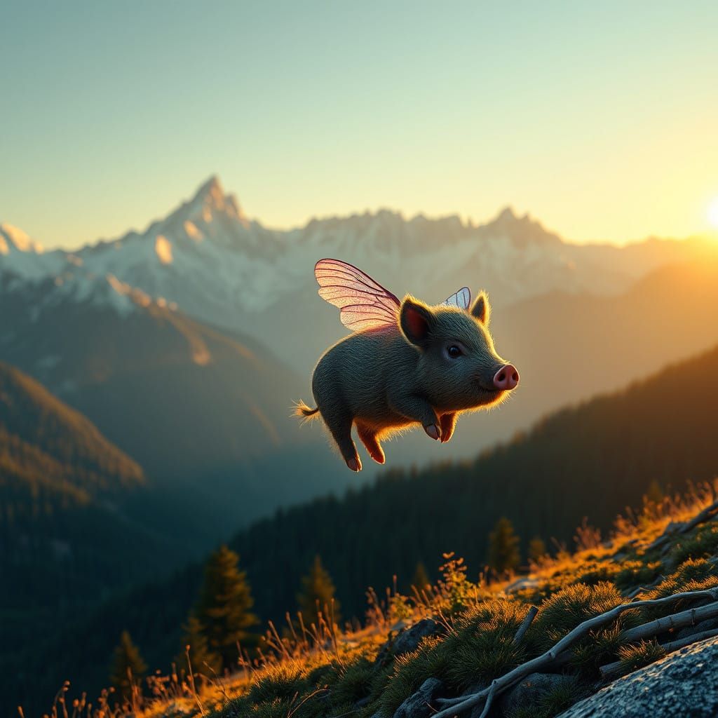 Mystical Hog Soars Through High Mountain Peaks in Dawn's Gol...