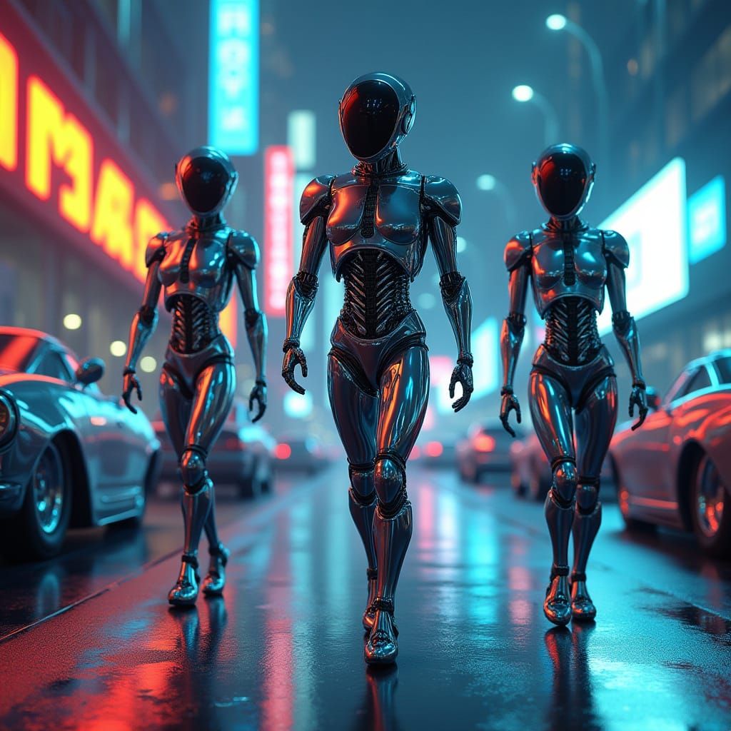 Cyberpunk Robots Stroll Along Futuristic Highway