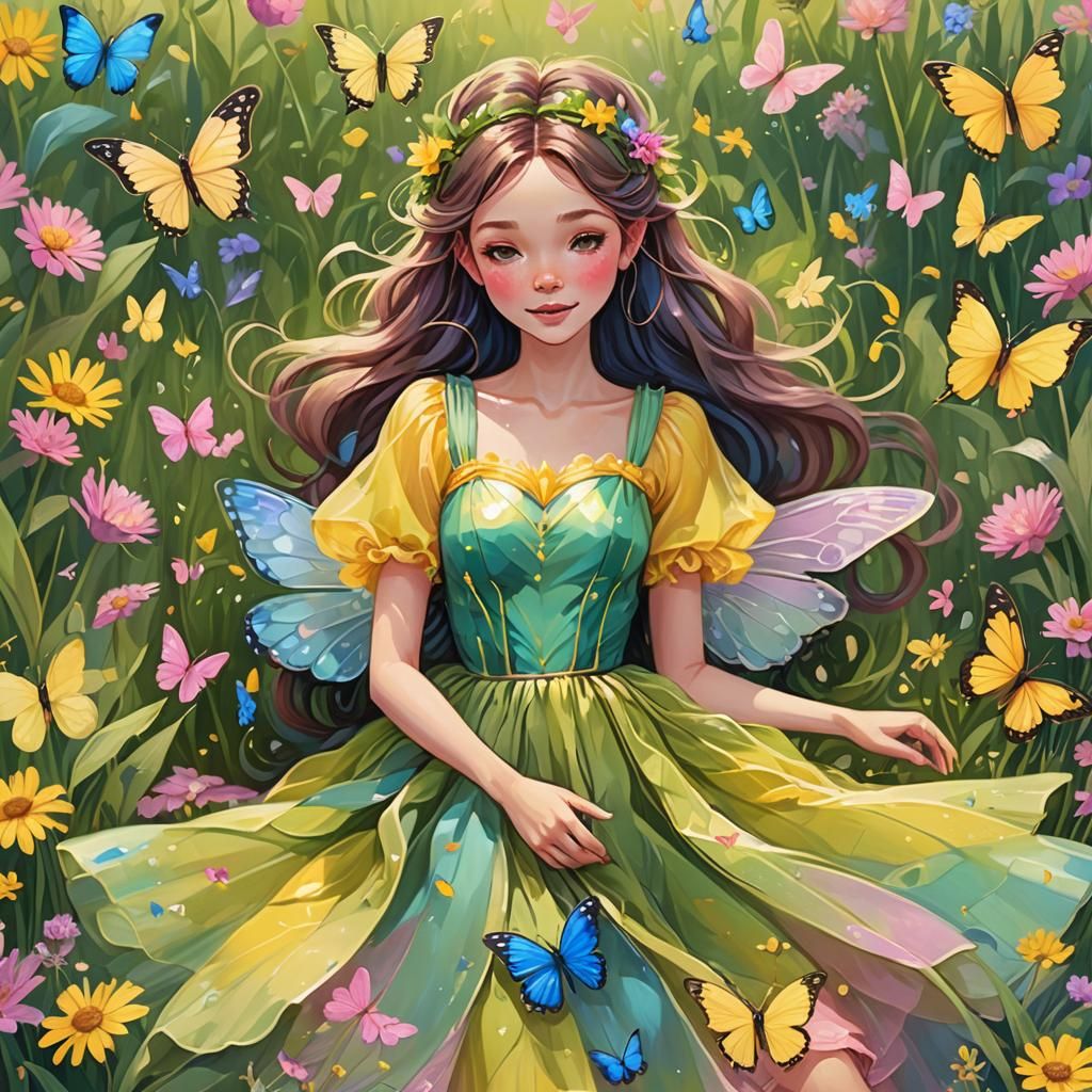 Fairy in a Lush Meadow Digital Illustration