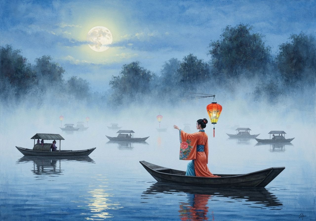 Misty Chinese Landscape with Woman in Kimono as Watercolour