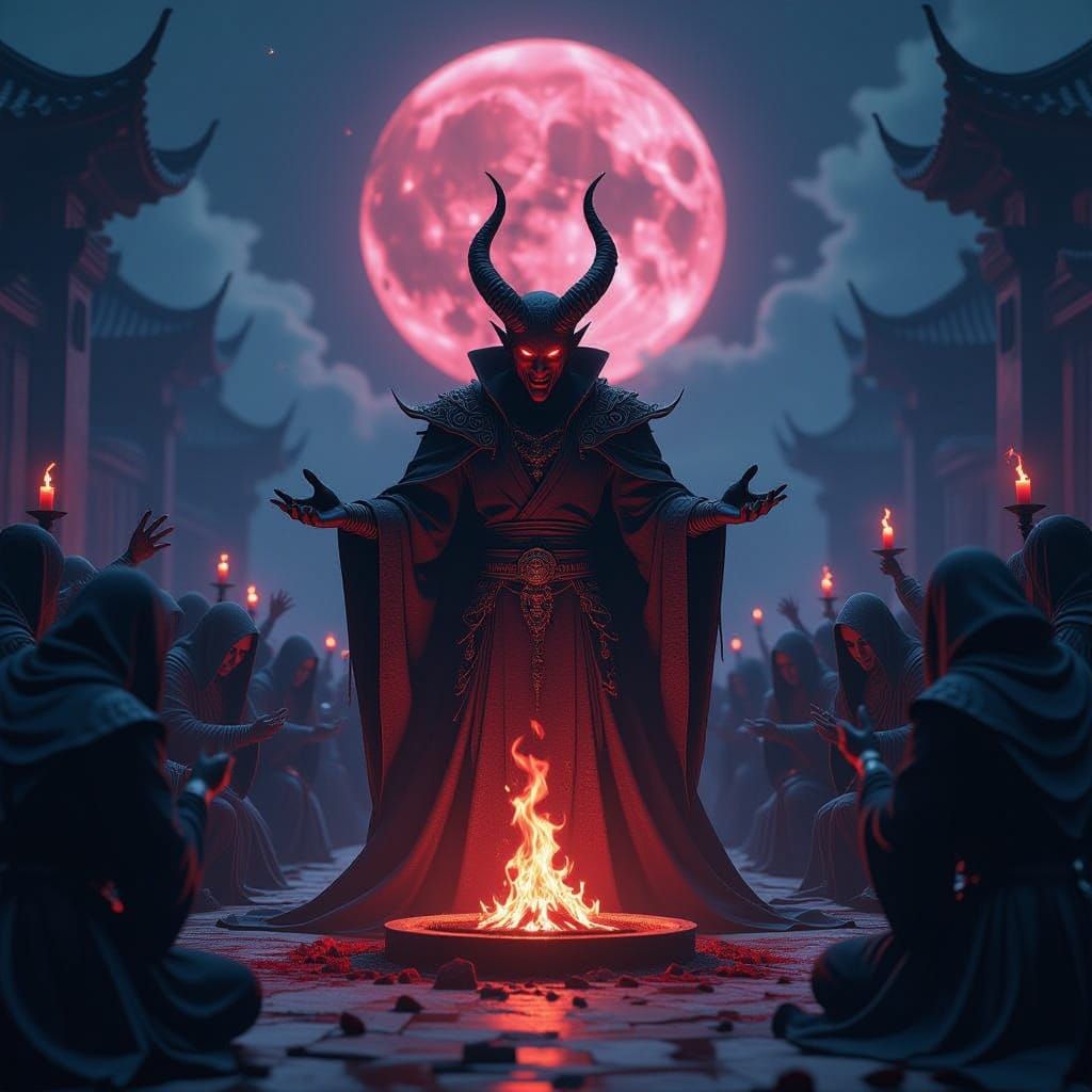Satan Emerges from Occult Crowd Under Red Moonlight