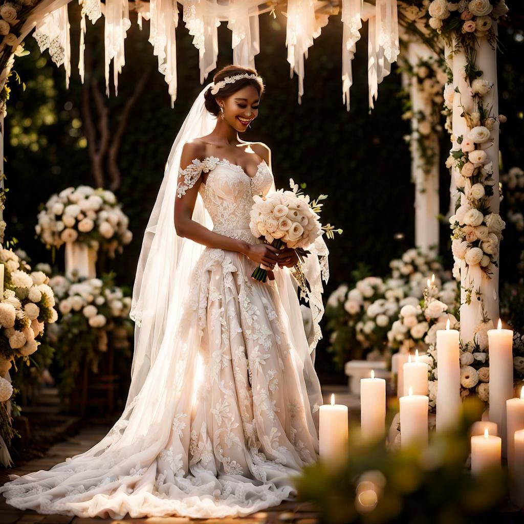 Happy Bride in Flowing Lace Gown