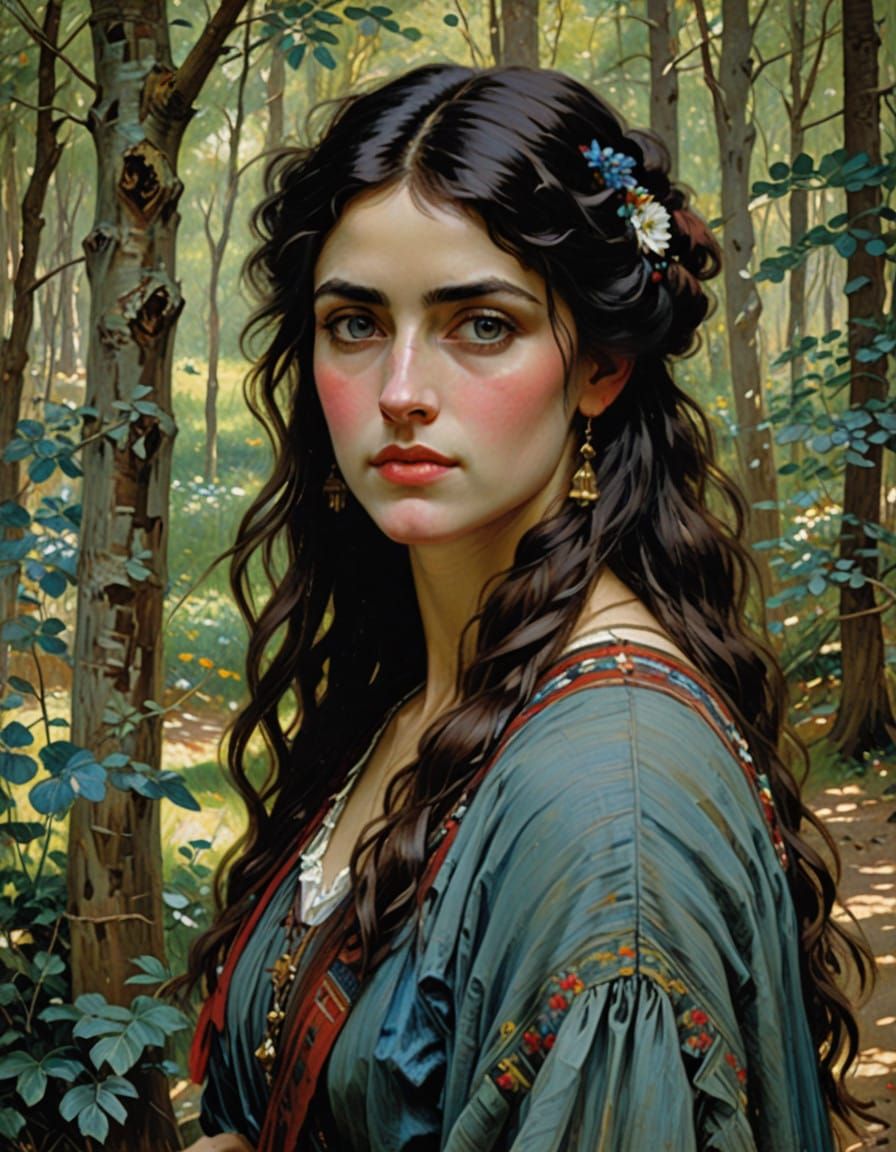 Gipsy Maiden in Enchanted Woodland Scene