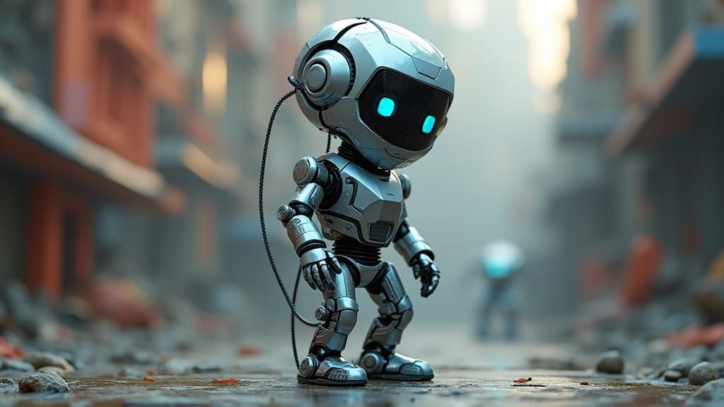 Robotic Child in Cubist Style with Metallic Skin and Neon Ci...