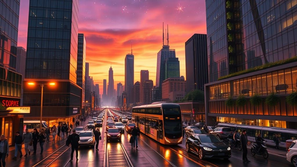 Modern Cityscape at Twilight with Photorealistic Skyscrapers