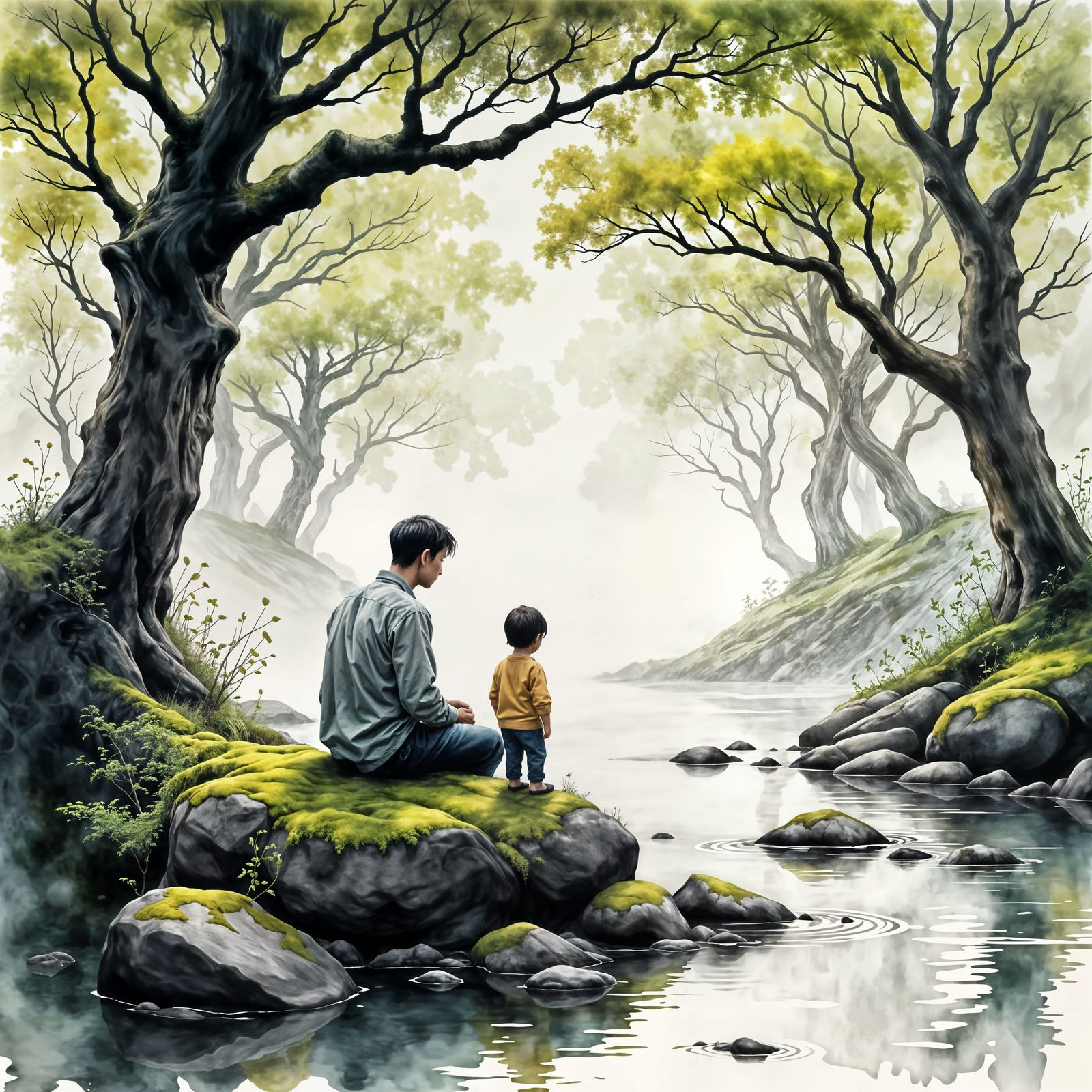 Father and Son in Tranquil Japanese Ink Wash Painting