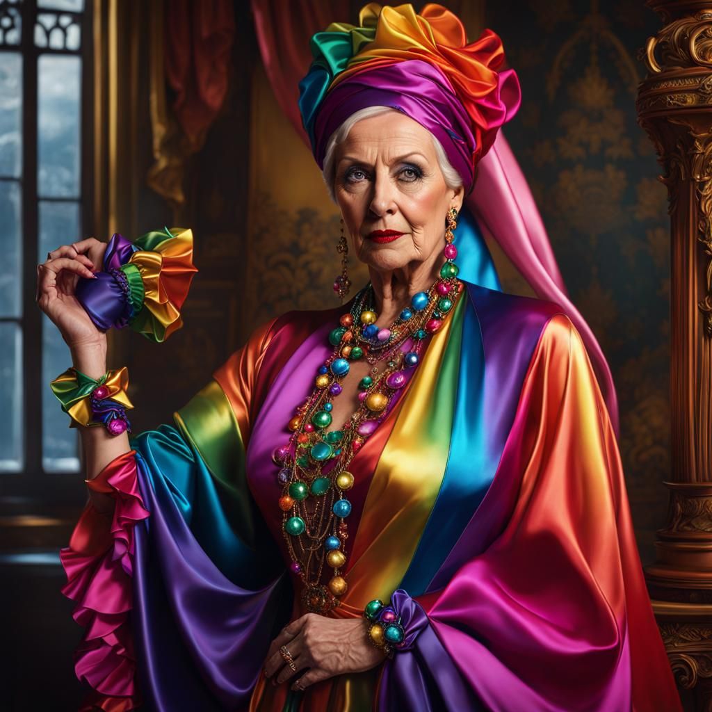 Rainbow Satin Lady: Grimdark Photorealistic Portrait