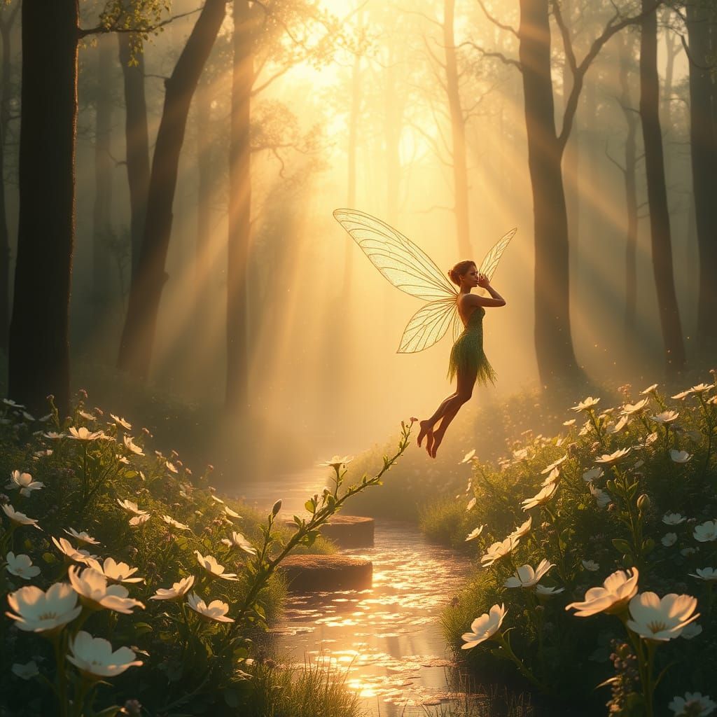 Fairy Queen Awakens in Sunlit Forest Glade