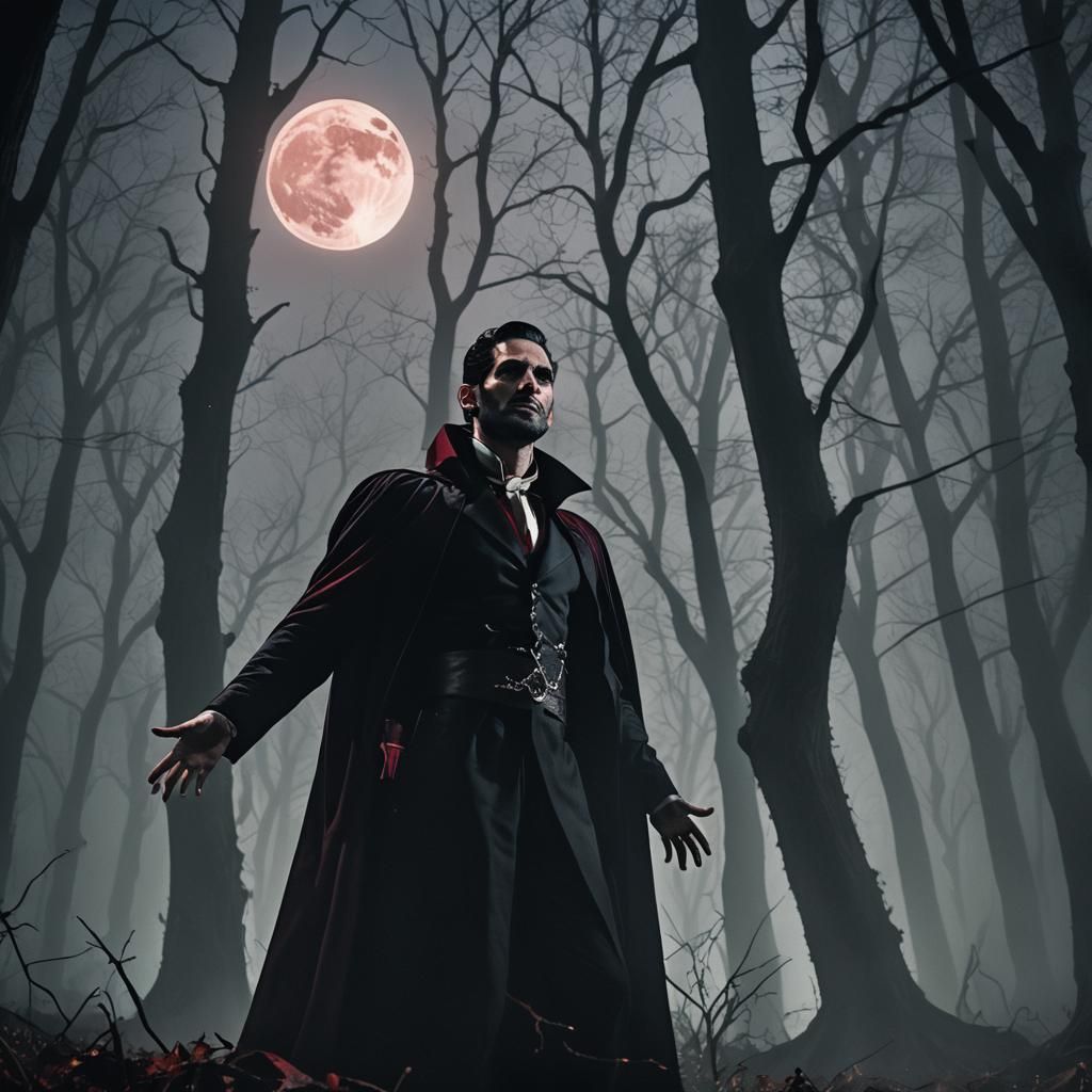 Dracula in Misty Forest: Gothic Realism Portrait