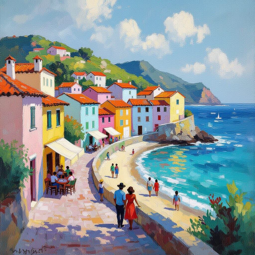 Seaside Village in Post-Impressionist Style