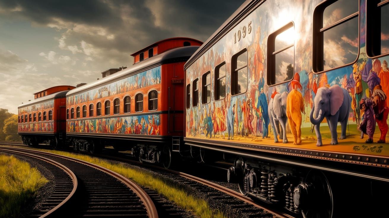 Vintage Circus Train Rounds Gentle Bend in Warm Sunlight