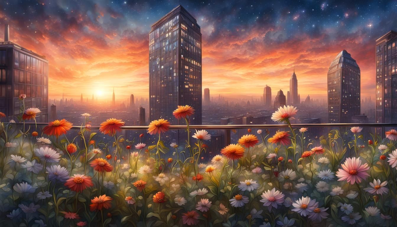 Magical Rooftop Garden Meadow at Sunset