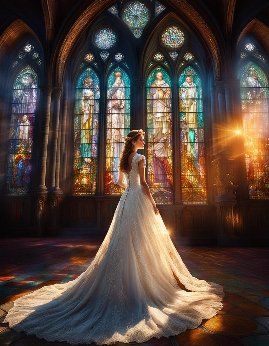 Ethereal Bride in Cathedral with Stained Glass Window
