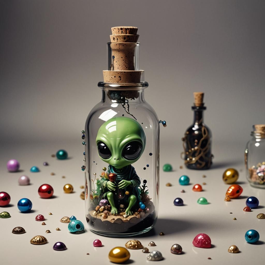 Lonely Alien Trapped in Bottle: Detailed HD Art
