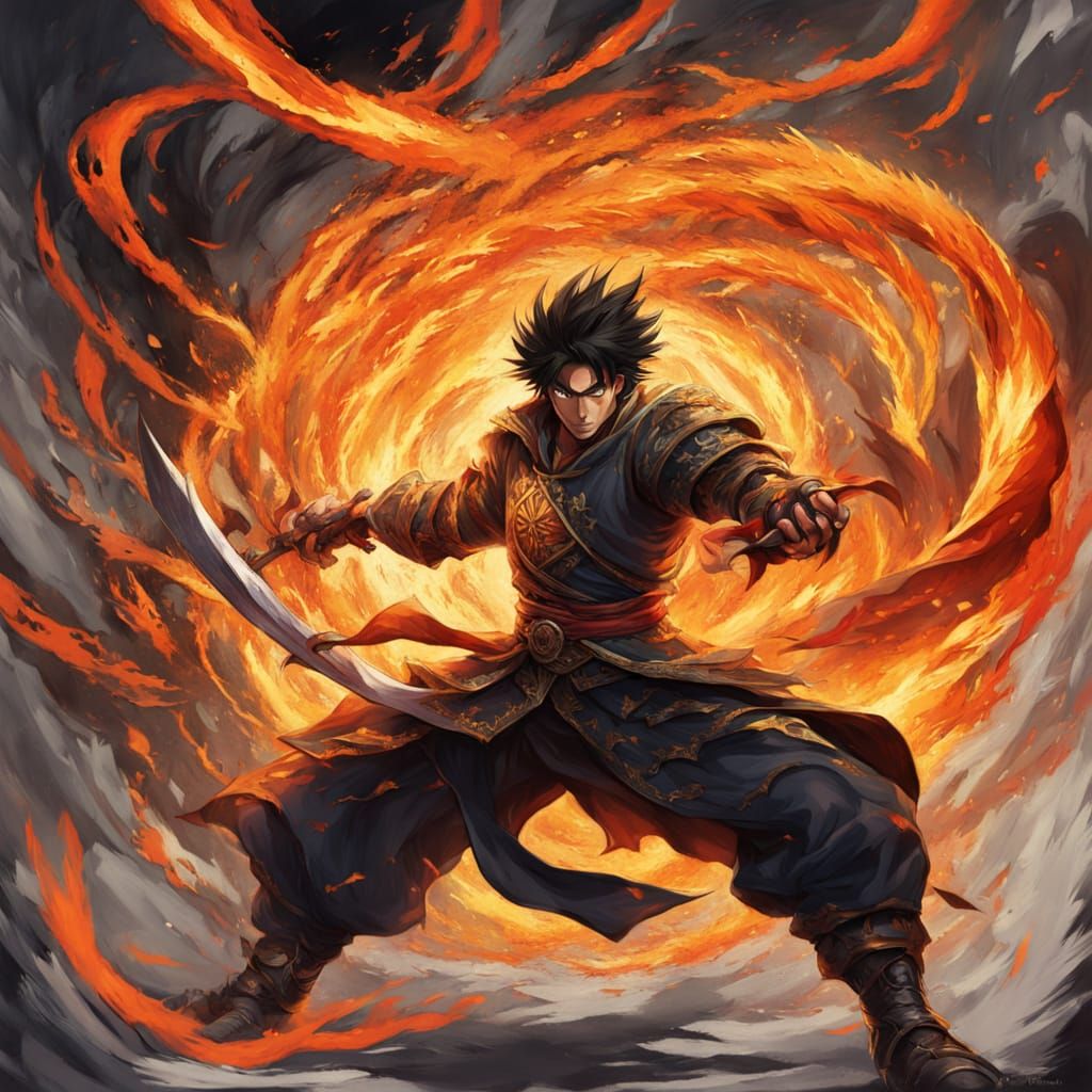Anime Warrior Unleashes Fiery Vortex in Neo-Impressionist St...