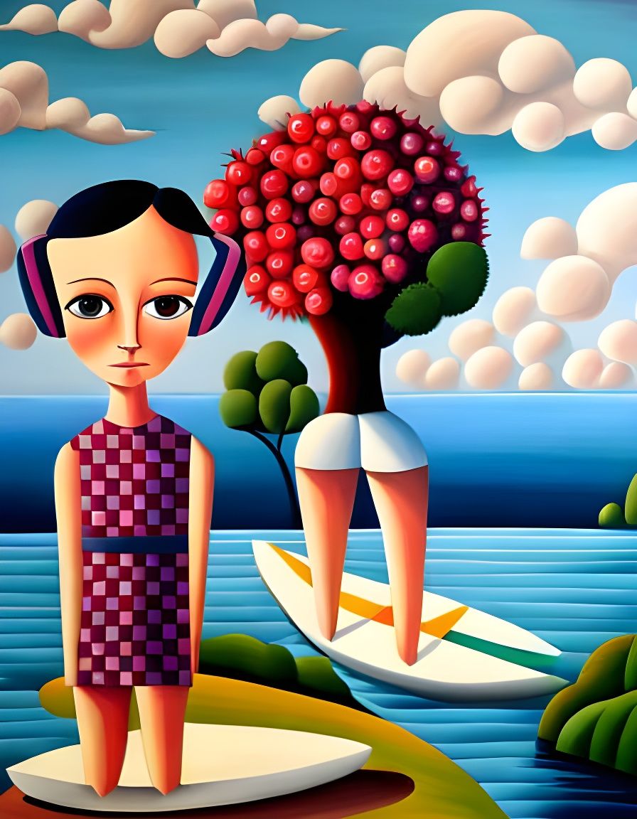 Adorable Patchwork Creature Surfing in Naive Art Style