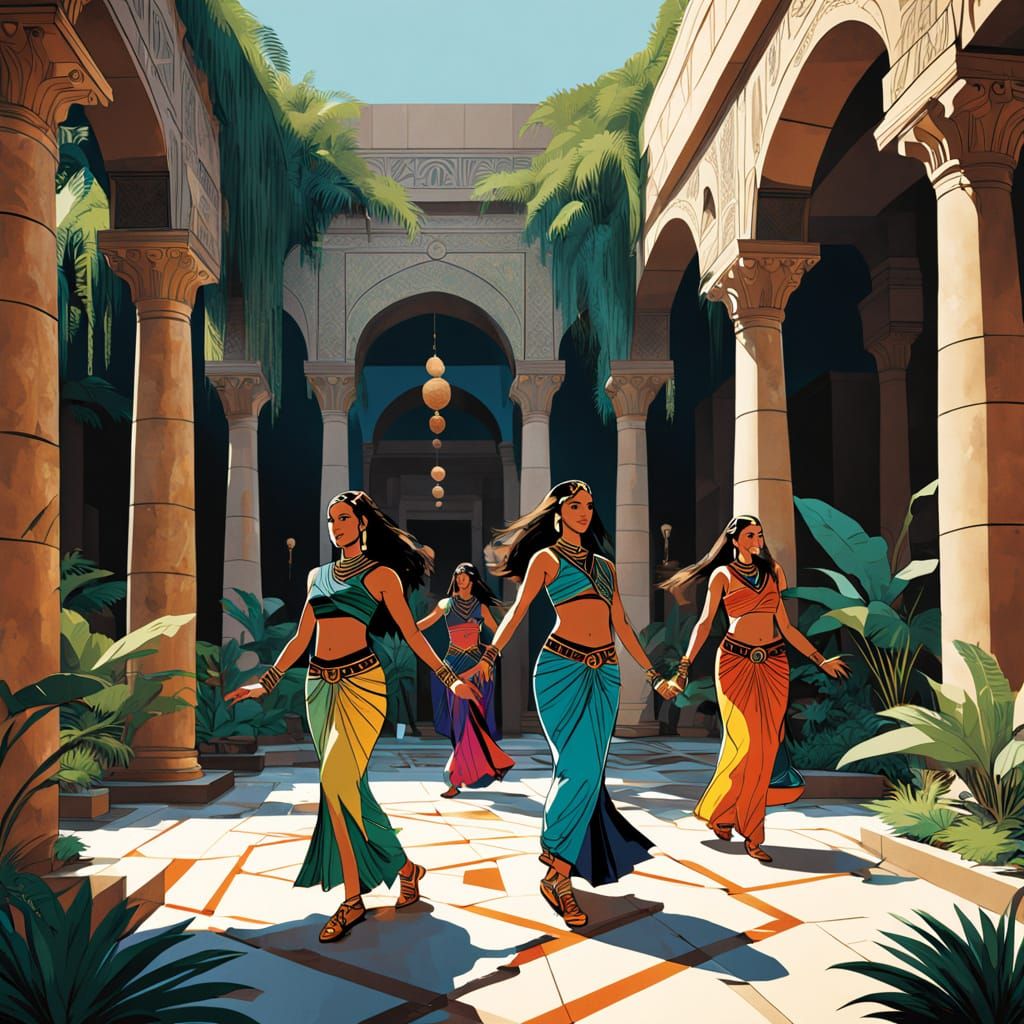 Vibrant Tahtib Players Dance with Bellydancers in a Colorful...