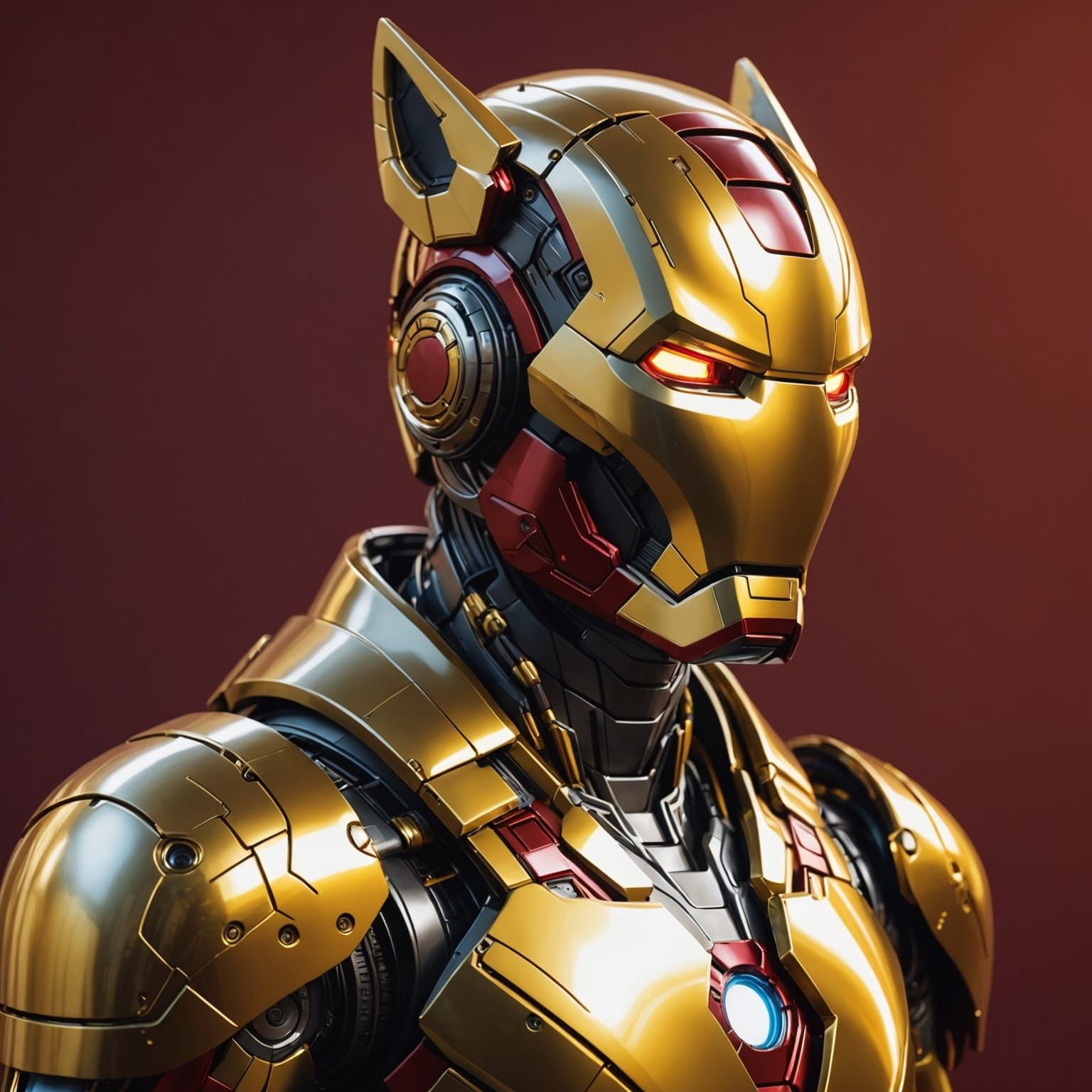 Cyberpunk Dog Portrait with Bionic Helmet in Golden Armor