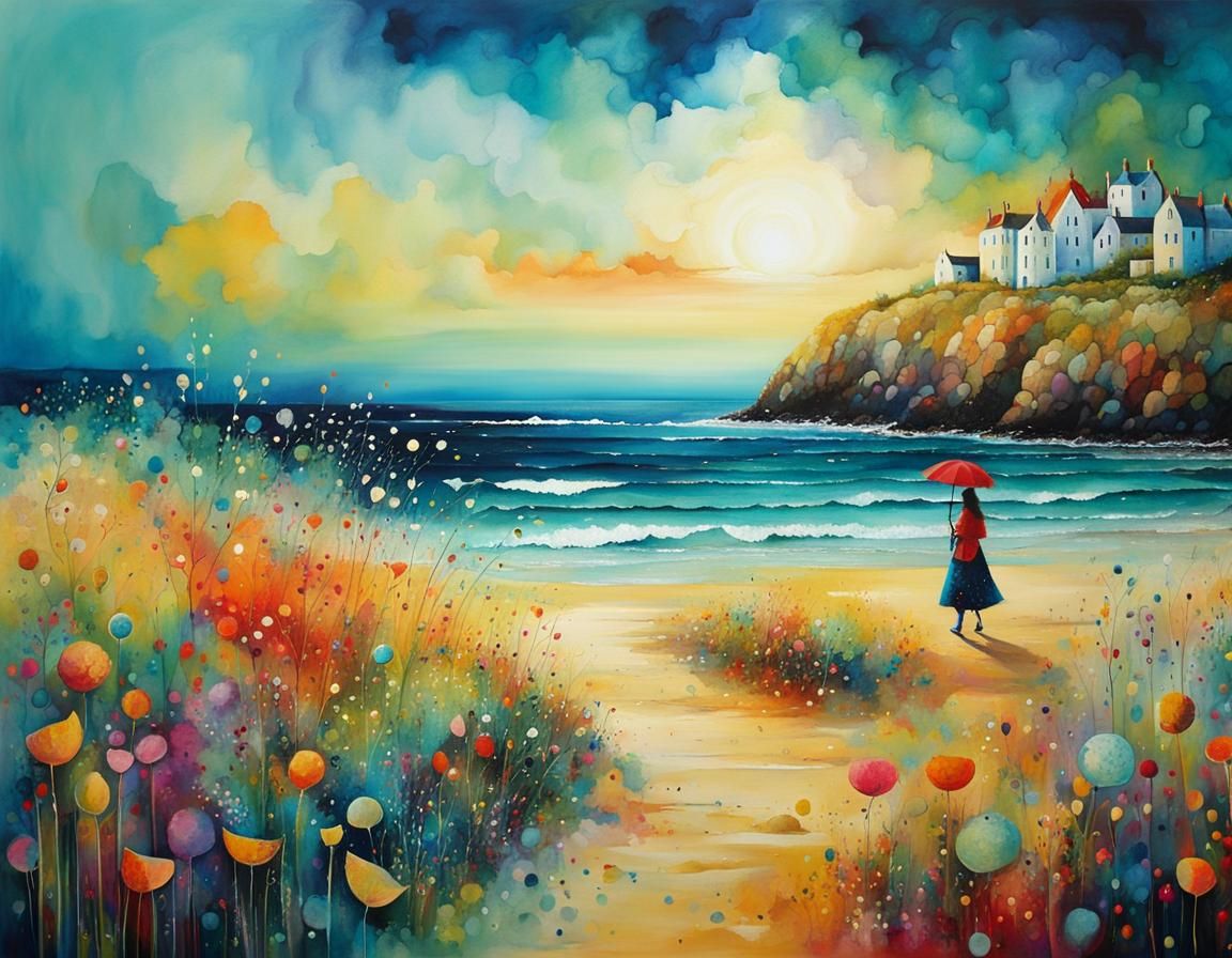 Seashore Walk: Surreal Whimsical Illustration