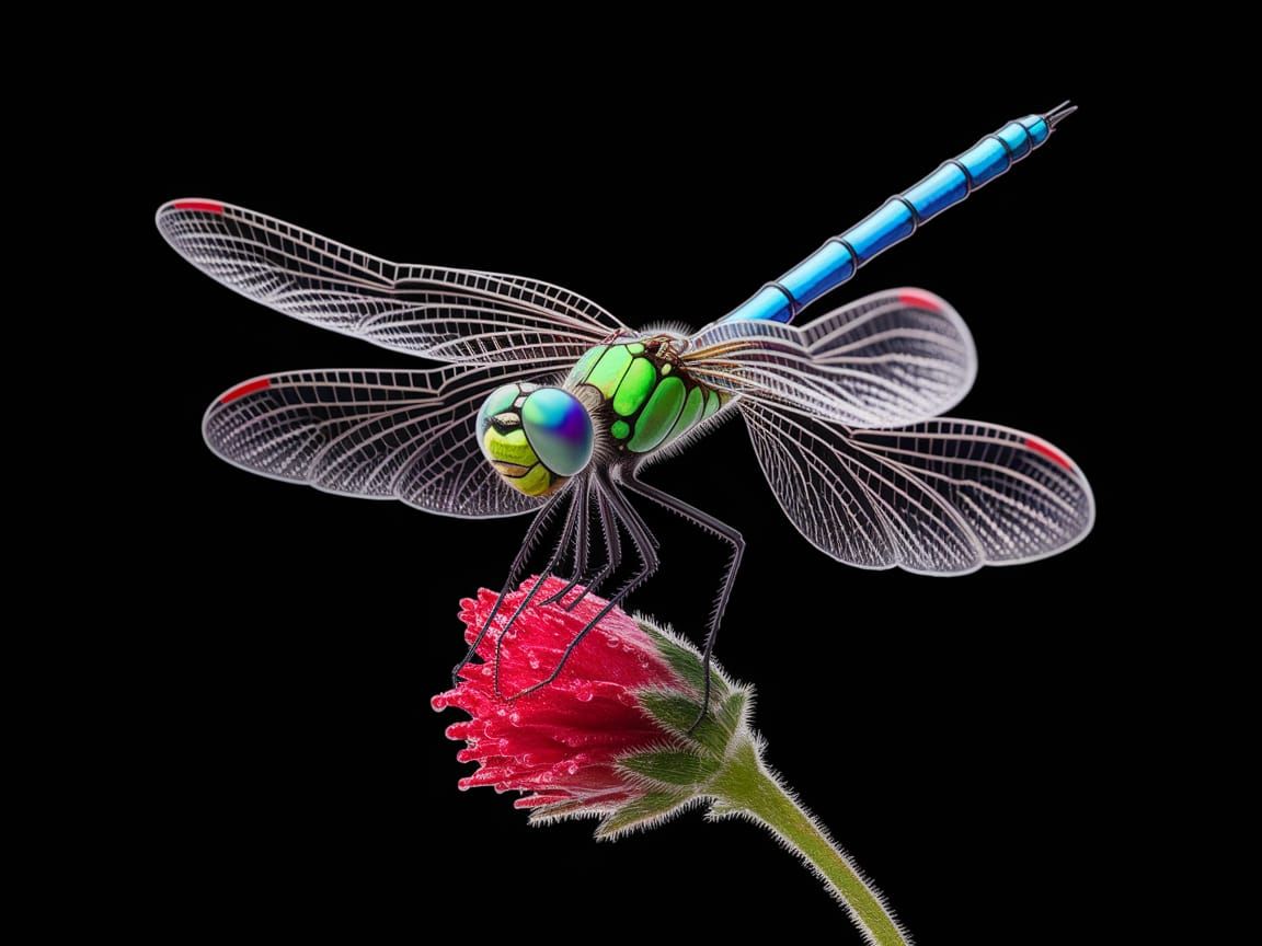 Dragonfly Perched on Red Flower in Photorealistic Detail