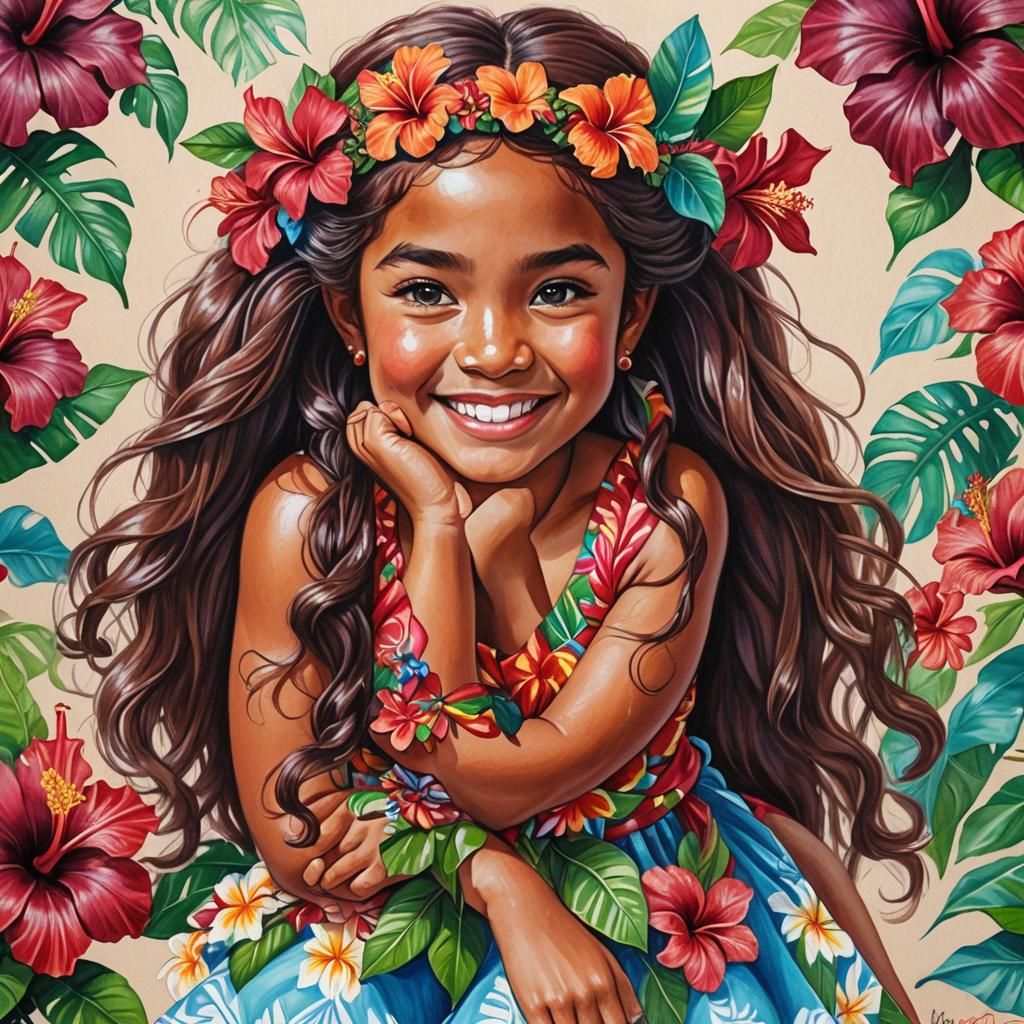 Tahitian Girl in Hula Skirt, Colored Pencil Drawing